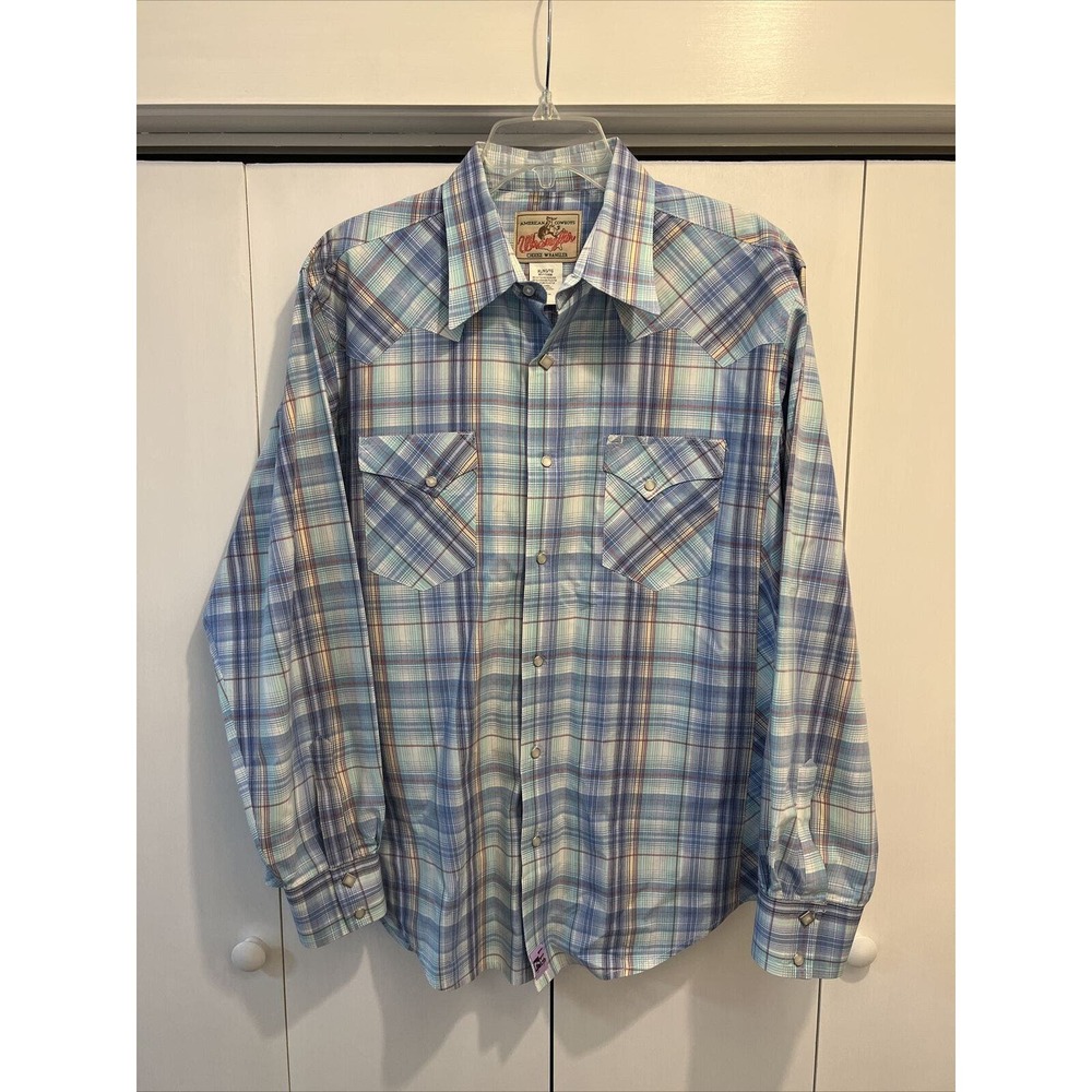 Wrangler Diamond Pearl Snap Shirt Size XL VTG Blue Plaid Western Cowboy L/S